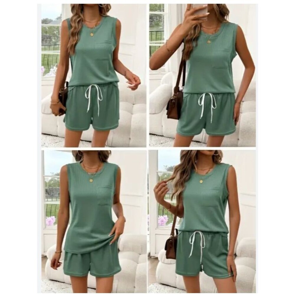 NWOT Sleeveless Top Pocket Drawstring Shorts Waffle Set in Sage Green Size M